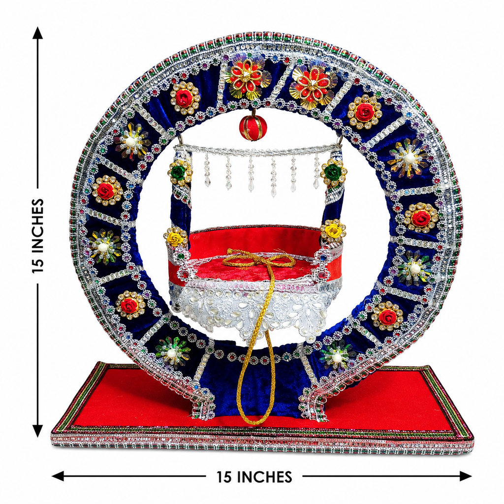 Premium Handmade Bal Gopal Jhula – Royal Blue & Red Decorative Swing | 15 × 15 Inches