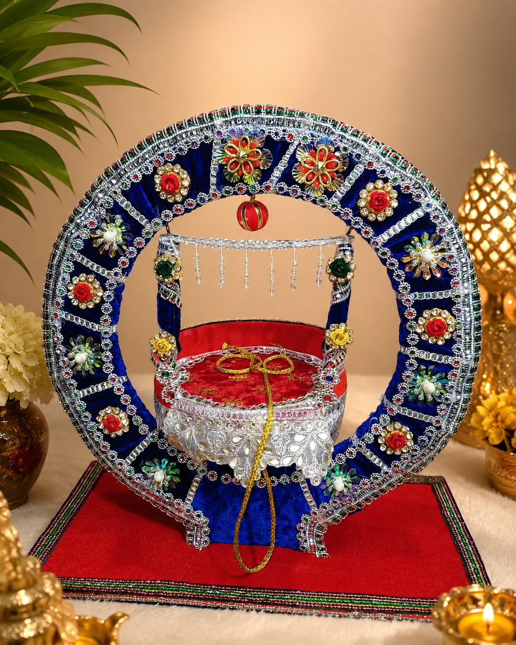 Premium Handmade Bal Gopal Jhula – Royal Blue & Red Decorative Swing | 15 × 15 Inches