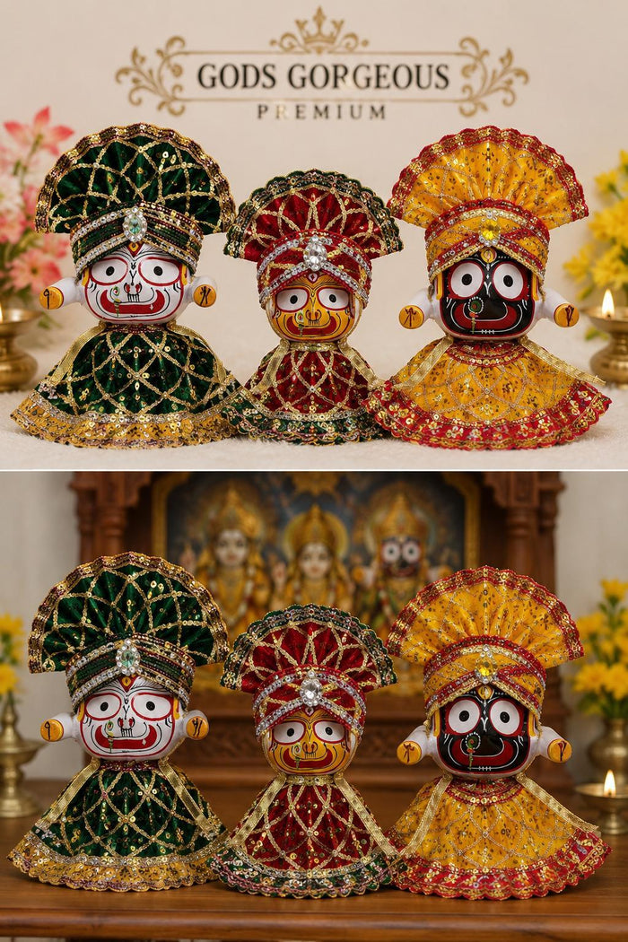 Jagannath Balabhadra Subhadra Idol with Premium Velvet Dress & Makuta - 3" to 8"
